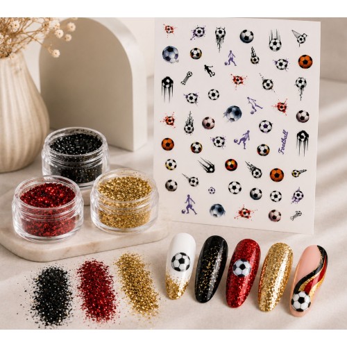 WM Nailart Set – Fußball Sticker & Glitzer in Schwarz Rot Gold