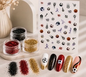 WM Nailart Set – Fußball Sticker & Glitzer in Schwarz Rot Gold